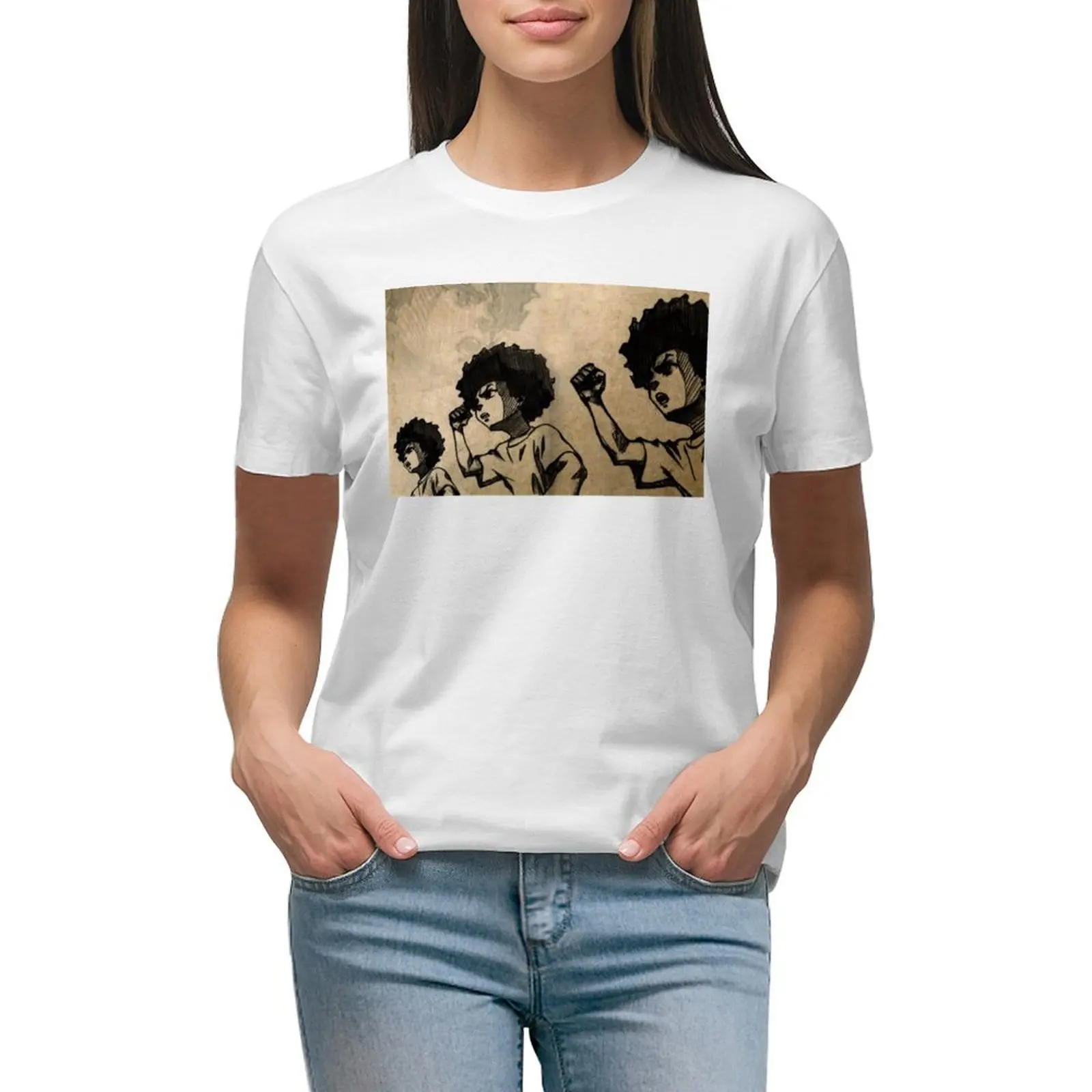 

huey drawings from boondocks T-shirt Short sleeve tee Aesthetic clothing Summer Women's clothing