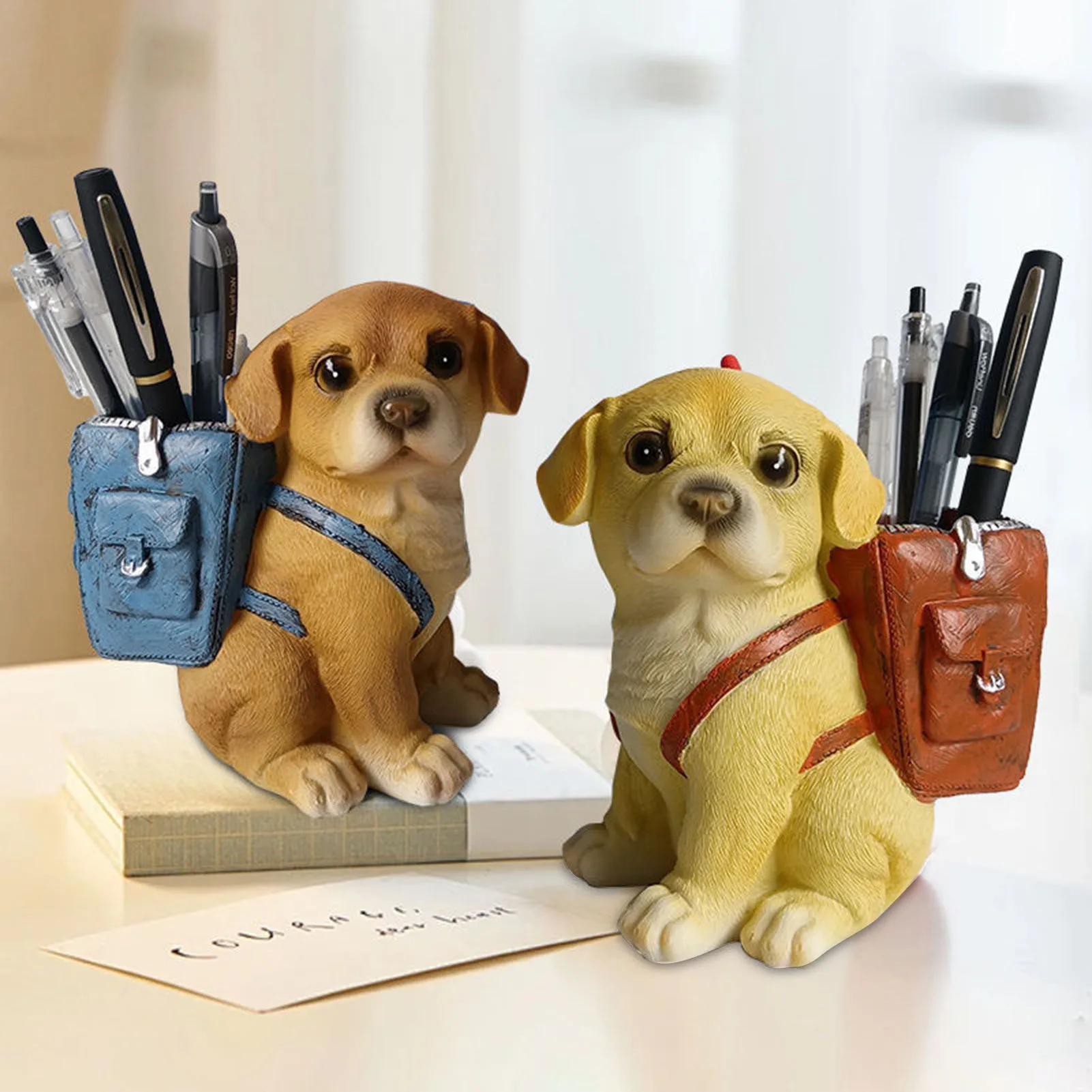 Resin Dog Sculpture Pen Holder with Safety Materials Clear Surface Texture Pencil Holder Suitable for Make Up Brushes Organizer