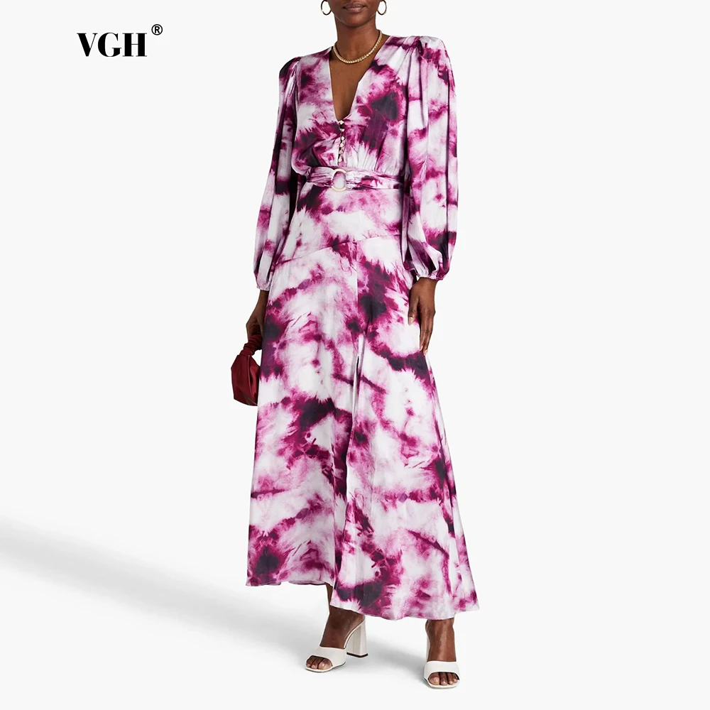 

VGH Hit Color Print Slimming Dresses For Women V Neck Long Sleeve High Waist Patchwork Belt Stempweament Dress Female Fashion