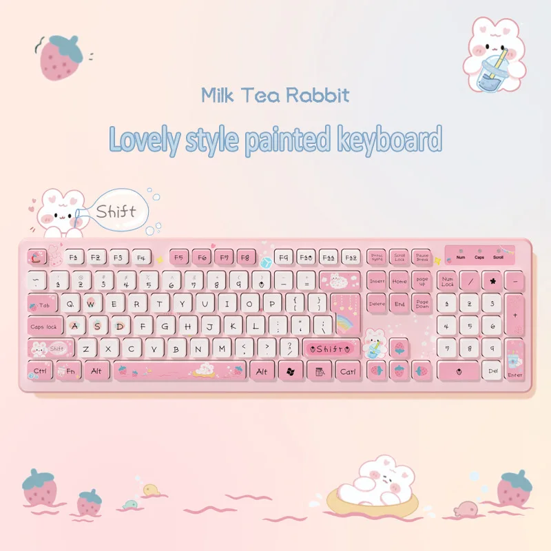 

Cute Pink Wireless Keyboard Milk Tea Rabbit Green Chocolate Wired Keyboard Blue Creative Painted Keyboard Pc Gaming Accessories