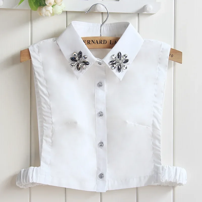 

Korean Cotton Fake Collar Women Silver Beaded Removalbe False Collar Blouse Rhinestone Faux Cols Female Detachable Collar