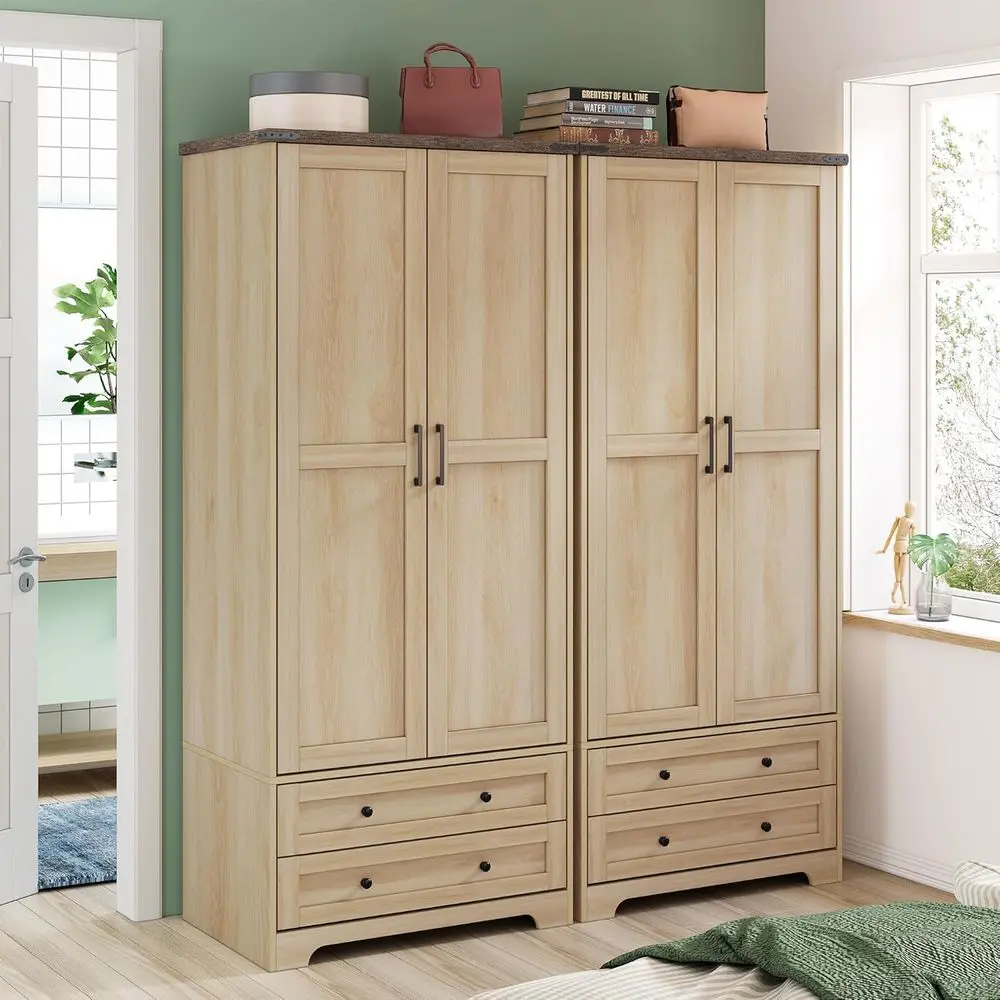 71 Natural Wooden Tall Storage Cabinet with Adjustable Shelves and Hanging Rail, Sturdy 2-Door Wardrobe Closet