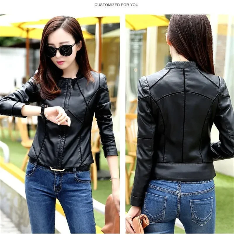 PU Leather Jacket Women's 2024 Spring Autumn New Outwear High Quality Short Slim Coat Korean Stand-UP Collar Overcoat Female Top