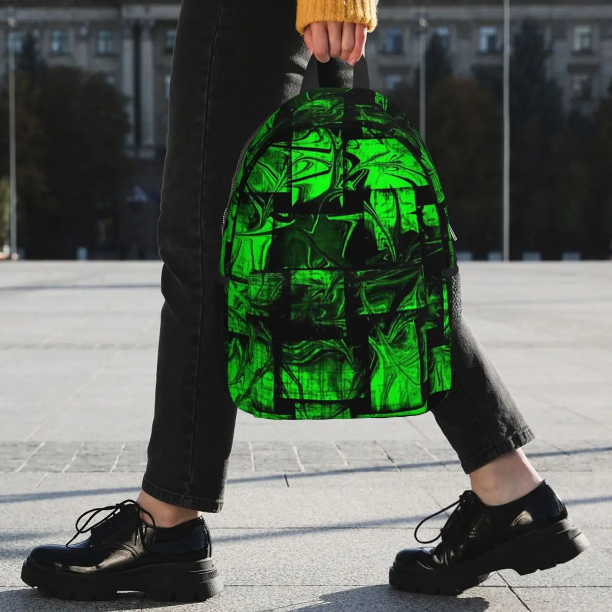 Fluorescent Green Black Grid Pattern Backpack Student BookBag Children School Bag Laptop Shoulder Bags for Men Women