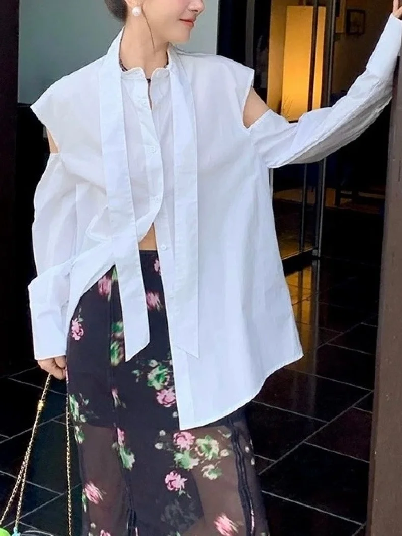 

Ele White Oversized Long Sve Women's irt Tassel Trim Irregular Sa Anti-Aging Cotton Blend Faion Design Sense