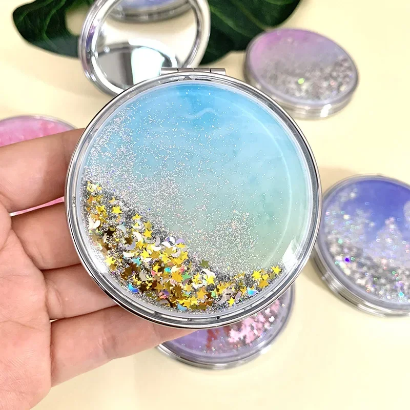 Double-Sided Folding Cosmetic Mirror Female Gifts With Flowing Sparkling Sand Mini Makeup Compact Pocket Mirrors