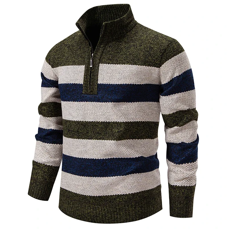 Autumn Winter Knitting Pullovers Men Patchwork Striped Fashion Stand Collar Pull On Knitted Sweater Man Thick Warm Knitwear