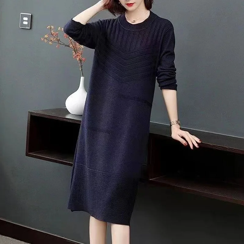 2023 New Autumn and Winter Western Style Round Neck Pit Stripe Solid Color Medium Length Underlay Knitted Sweater Dress