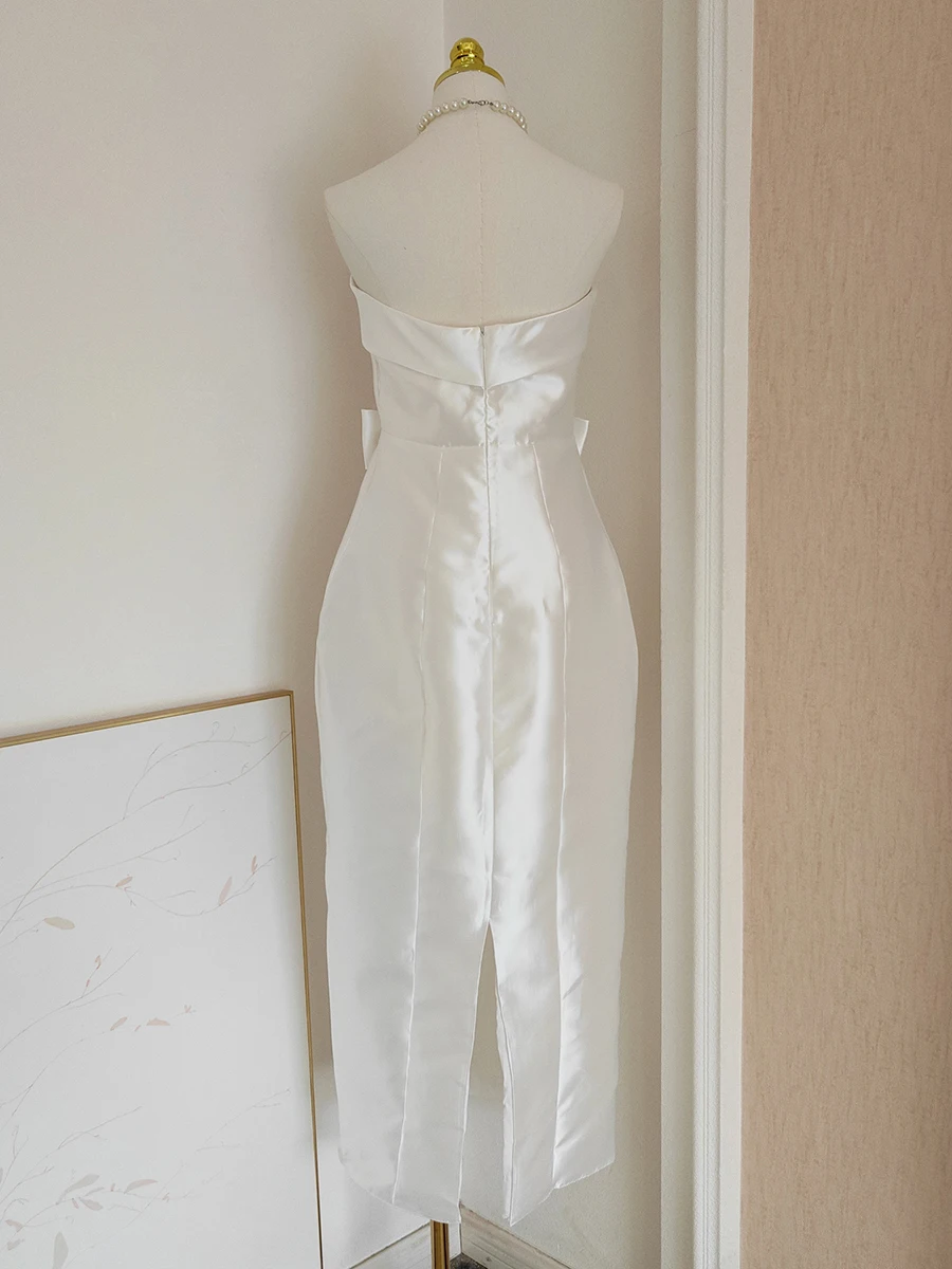 Reddachic brilhante branco feminino vestido de noite sólido cetim texturizado arco sem alças espartilho split maxi vestido longo elegante roupas formais