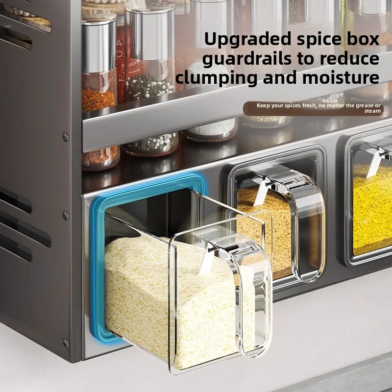 Kitchen shelves, wall-mounted oil, salt, sauce, vinegar, seasoning jars, non-punching multi-storage boxes