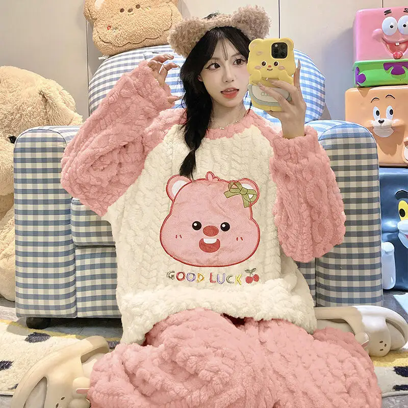 漫画ぬいぐるみパジャマセットちいかわかわいいハローキティ女性秋冬暖かい快適なラウンドネックかわいいラウンジ服スーツ