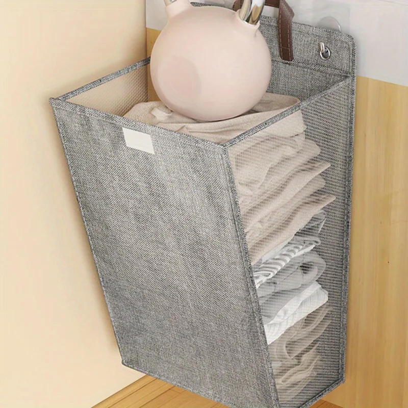 1pc Foldable Wall-Mounted Laundry Hamper with Lid, Space-Saving Oxford Cloth Storage Basket for Bathroom, Bedroom & Living Room - view 5