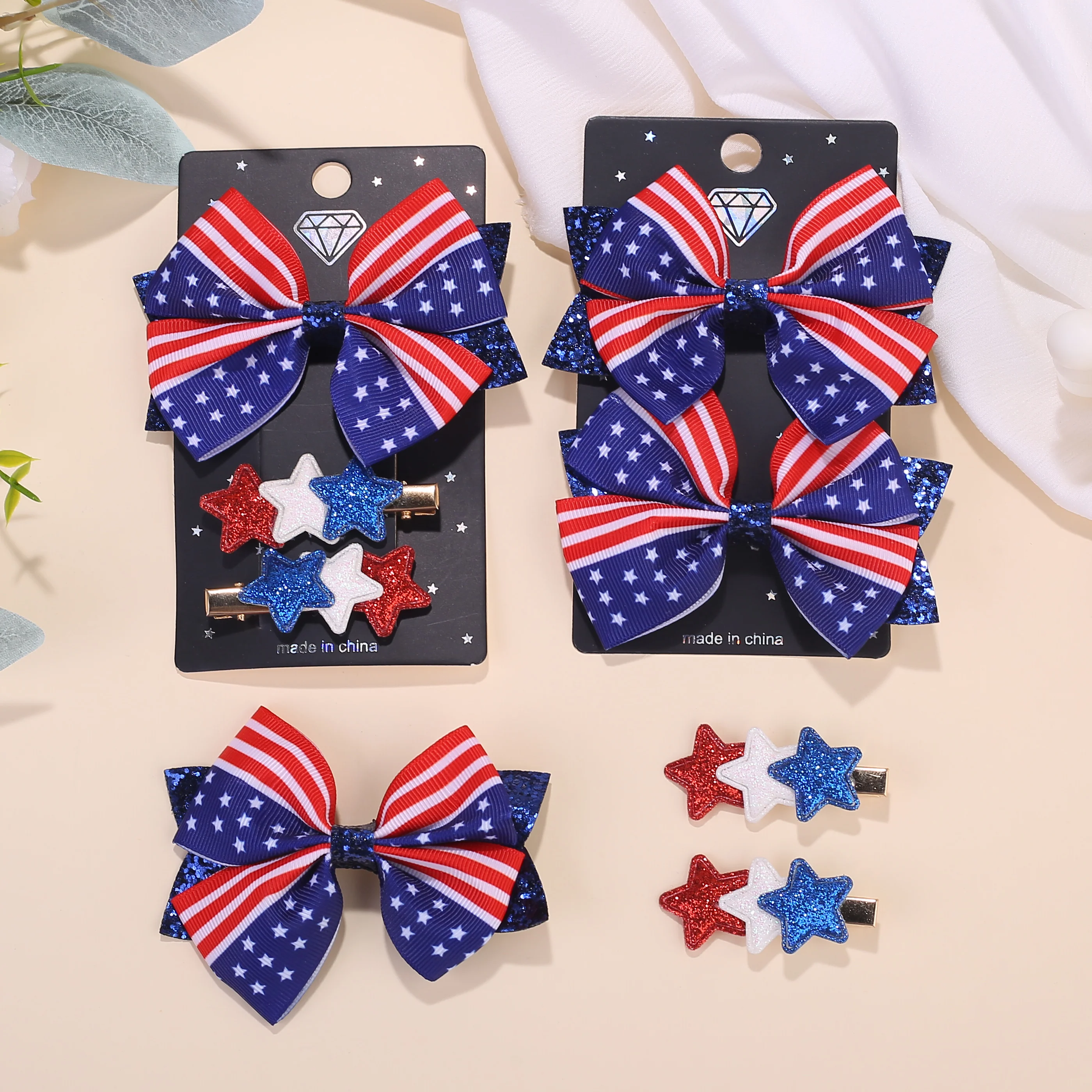 

2/4 Sets of new American Independence Day five pointed star bow top decoration daughter children's flag star hair clip set
