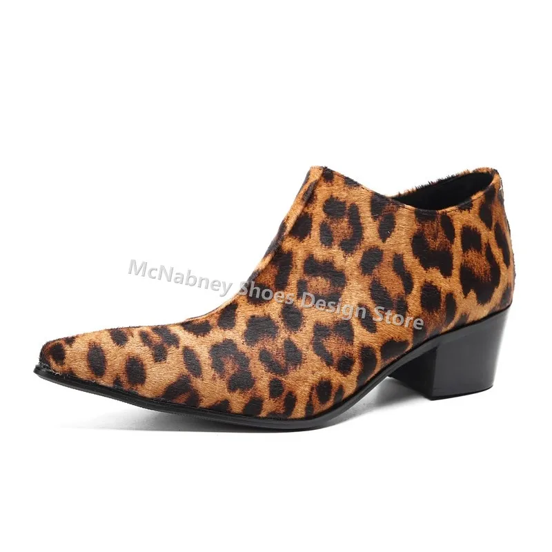 

Sexy Leopard Print Pointed Toe Hight Heel Men's Party Dress Boots Fashion Design Shoes Zipper Shallow Male Ankle Short Boots