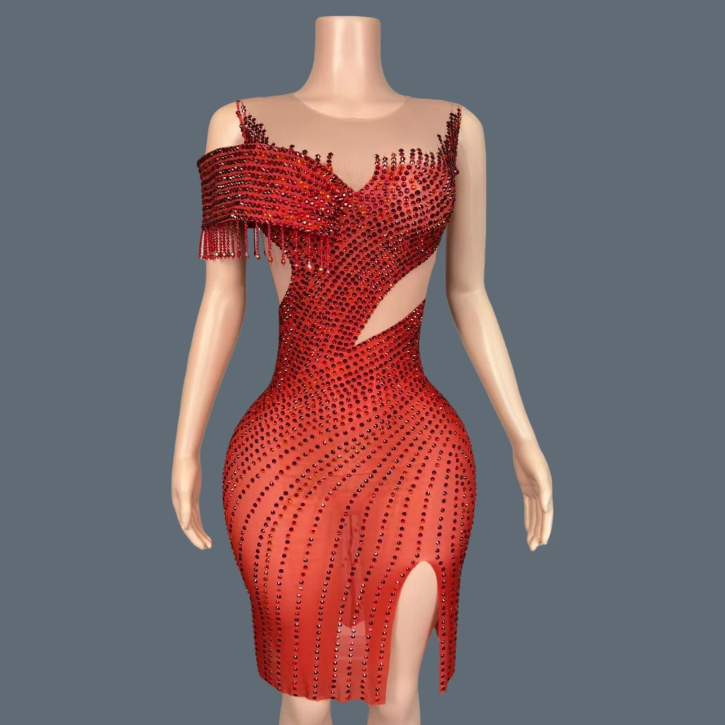 

High-end Luxury Red Crystals Cocktail Dress Birthday Celebrate Party Sheer Mesh Evening Dress Valentine's Day Outfit Hongmulan