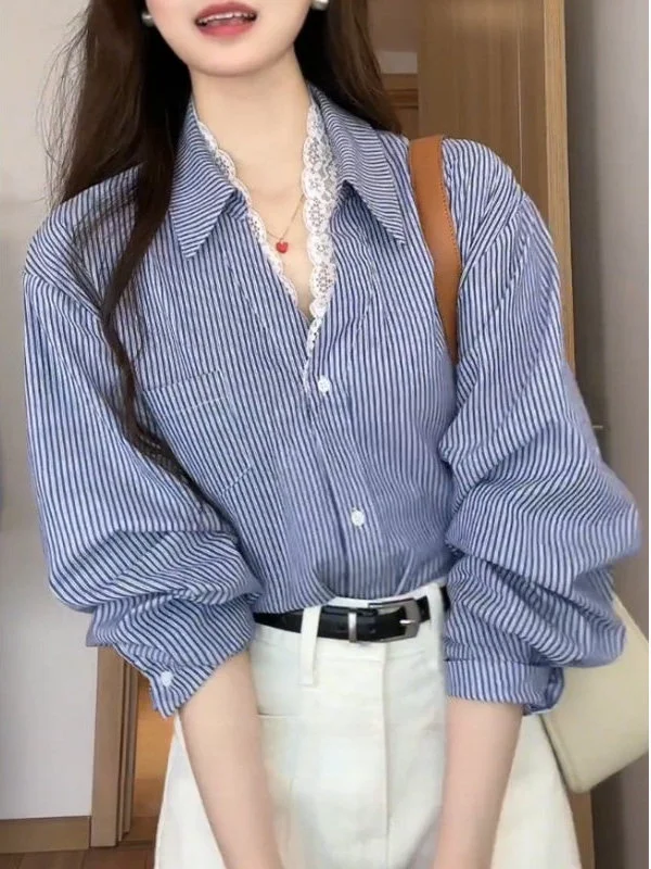 

Blue Striped Long Sleeve Pruning Lace Patchwork Spring Shirt Women's Fashion Sensation Unique Top Korean Style Loose Fit