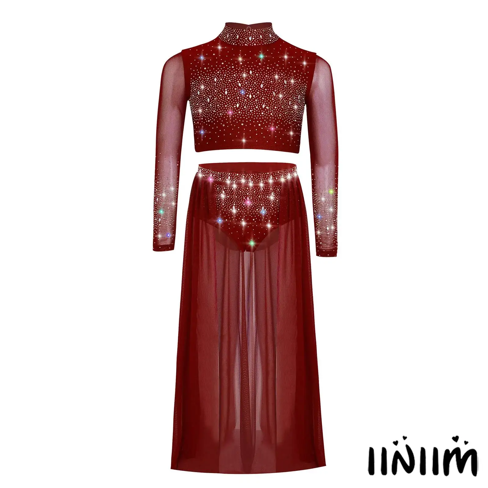 

Kids Girls Lyrical Dance Outfits Long Sleeve Keyhole Back Shiny Rhinestones Crop Top with Skirt for Belly Jazz Dance Performance