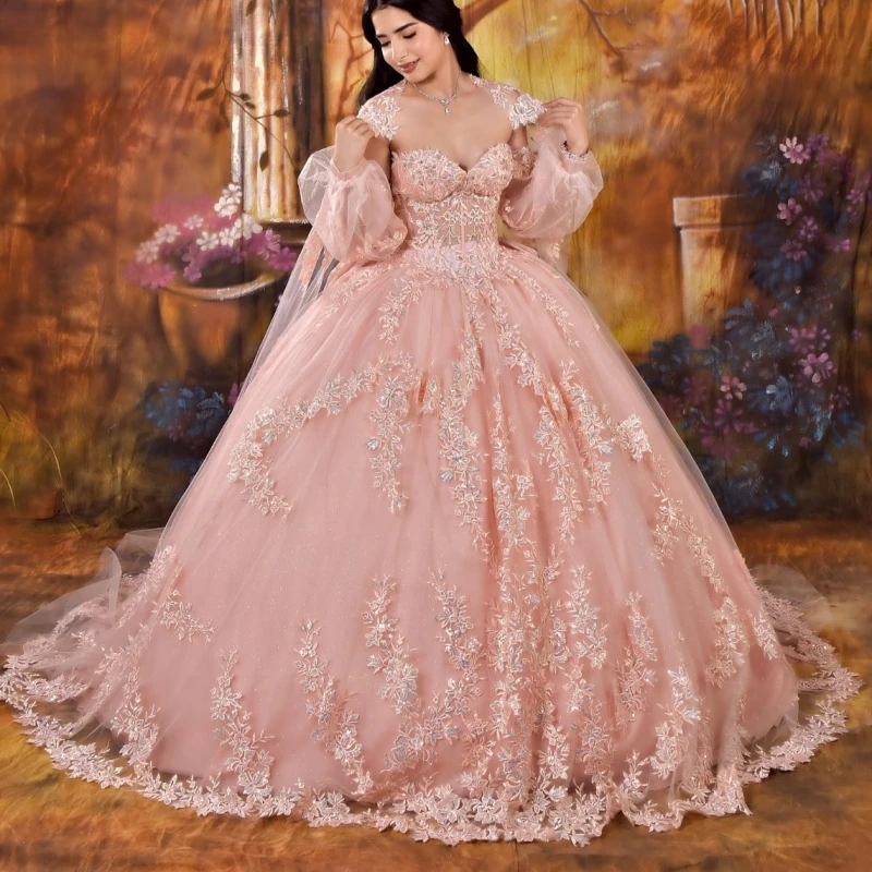 

Pink Shiny Princess Off the Shoulder Sweet 16 Dress Quinceanera Dresses Applique Lace Beading Bow Tull Party Birthday Vestidos