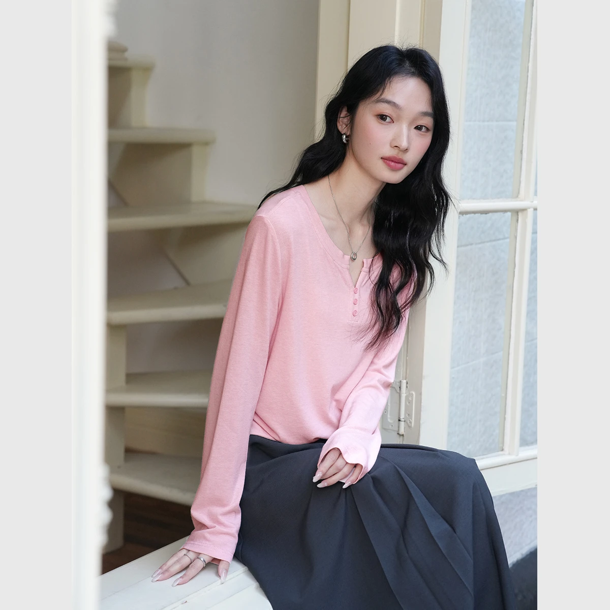 VIMLY ريترو بسيط تي شيرت للمرأة 2025 الخريف جديد الخامس الرقبة الصلبة تيز تنوعا الأساسية البلوز القمم الملابس النسائية A0633 #3