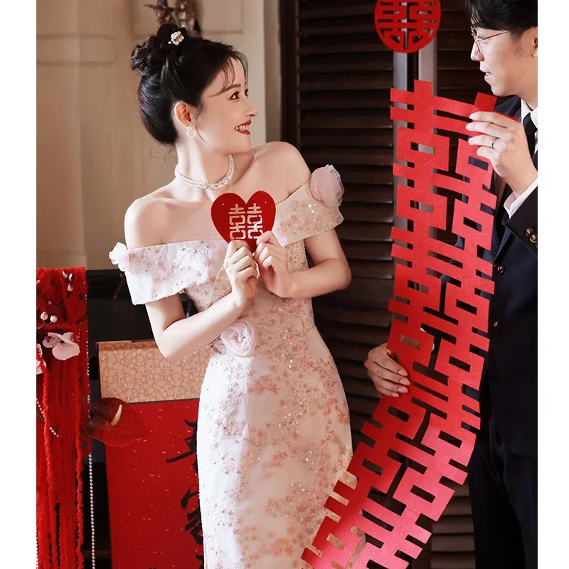 

Bride's Wedding Party Dress Fashion Sequined Off Shoulder Cheongsam New Chinese Style Improved Qipao Plus Size 3XL Vestidos