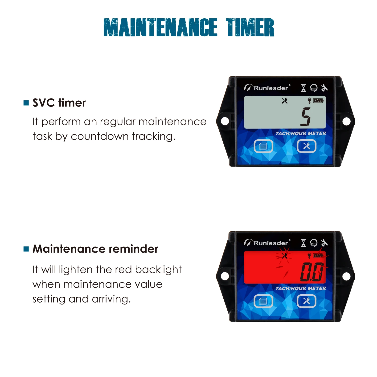 

Tachometer Digital LCD Hours with Alligator Clip,Maintenance Reminder,Backlight Display,Battery Replaceable for Garden Tractor