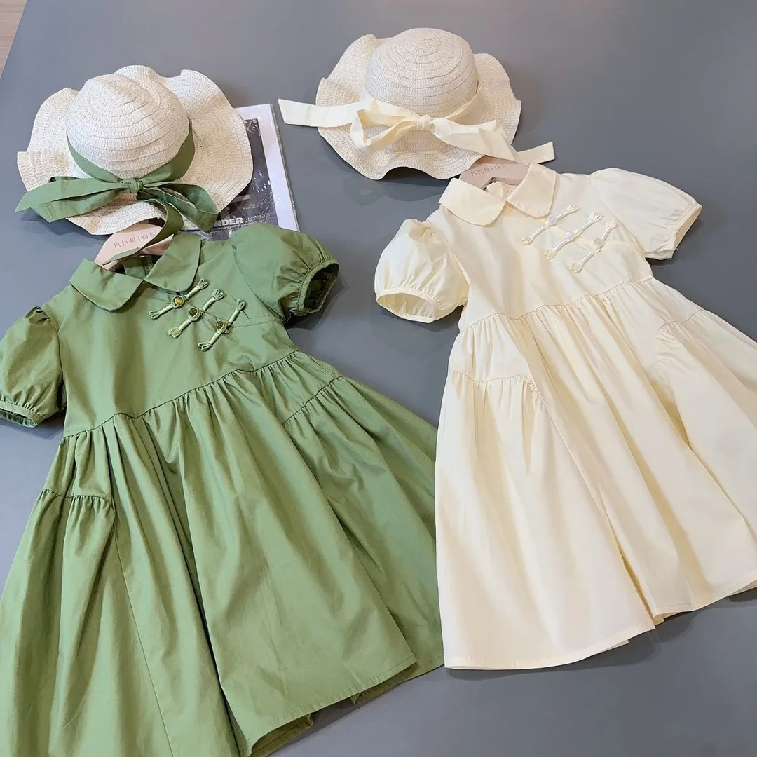

baby girls A-line long dress summer 2025 puff sleeve buckle children princess kids clothes toddler vestidos 2 to 10 years