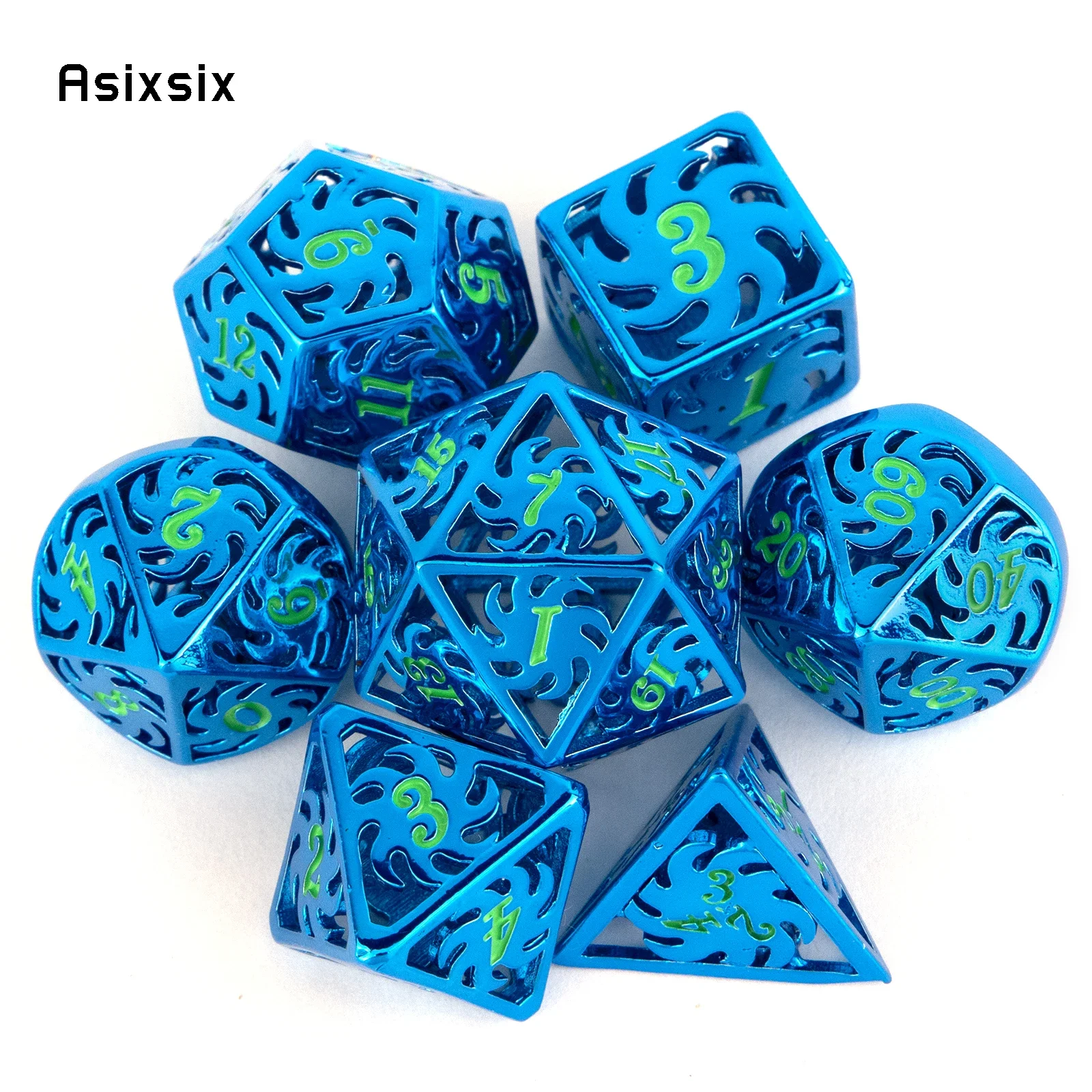 

7 Pcs Blue Green Windmill Metal Dice Hollow Metal Polyhedral Dice Set Suitable for Role-Playing RPG Board Game Gift
