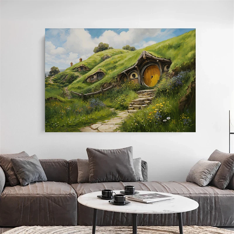 H-Hobbit House Canvas Painting Art Print, Shire Landscape Wall Art, Nature Countryside Fantasy for Living Room Home Decor,