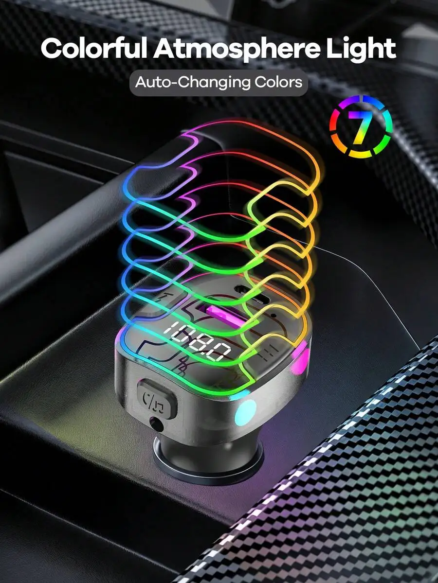 

Car Bluetooth FM Transmitter With USB C PD 15W Fast Charger, Handsfree Calling, LED Atmosphere Light