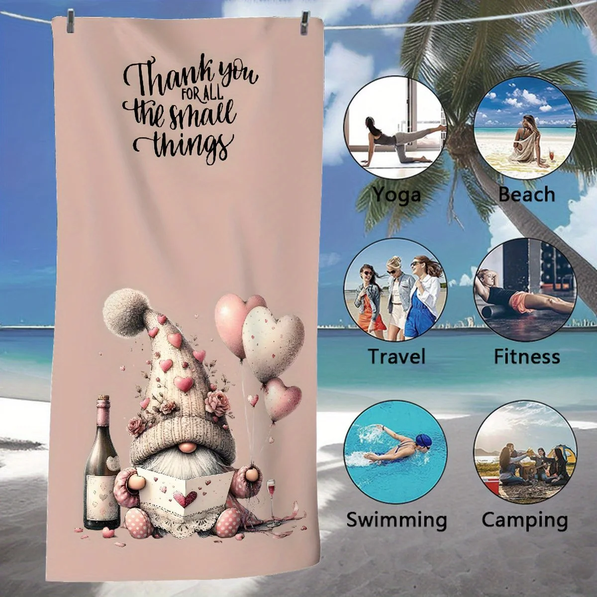 قطعة واحدة من من منشفة الشاطئ المصنوعة من الألياف الدقيقة سريعة الجفاف - تصميم "شكرًا لك على جميع الأشياء" مع جنوم وقلوب، خفيف الوزن وماص لـ Poo #5