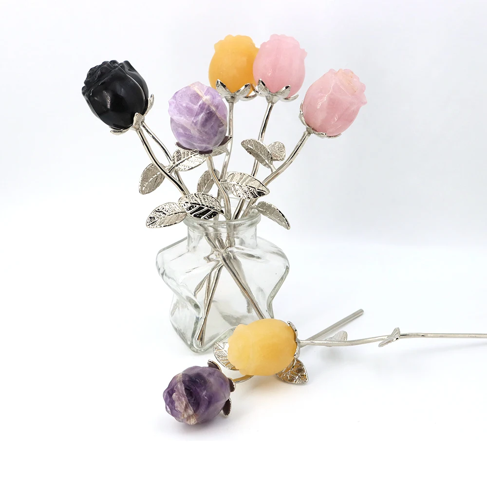 Crystal Carved Rose Flower Natural Stone Amethyst Quartz Black Obsidian Yellow Jade Gemstone Craft Party Home Decoration Gifts