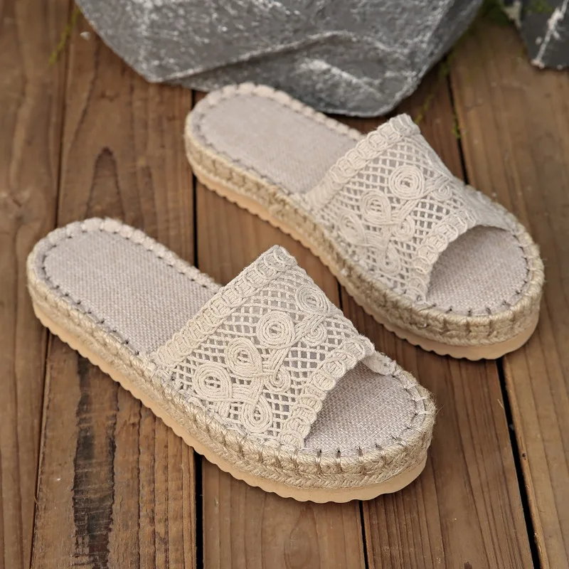 

New Natural Straw Crochet Net Slide Sandal Woman Vintage Ladies Thick Sole Linen Slipper Summer Vacation Shoes Женская Обувь