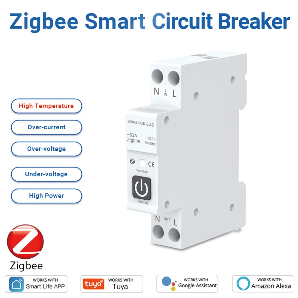 Tuya ZigBee Smart Circuit Breaker Power Metering 1P 63A DIN Rail Remote Control Timer Switch Work with Smart Life Alexa Google