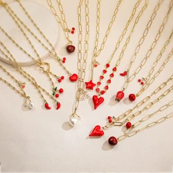 HECHENG,12 Styles Enamel Drip Oil Series Heart Shaped Cherry Pendant Necklace Cute and Sweet Women's Jewelry Gift 1 Piece