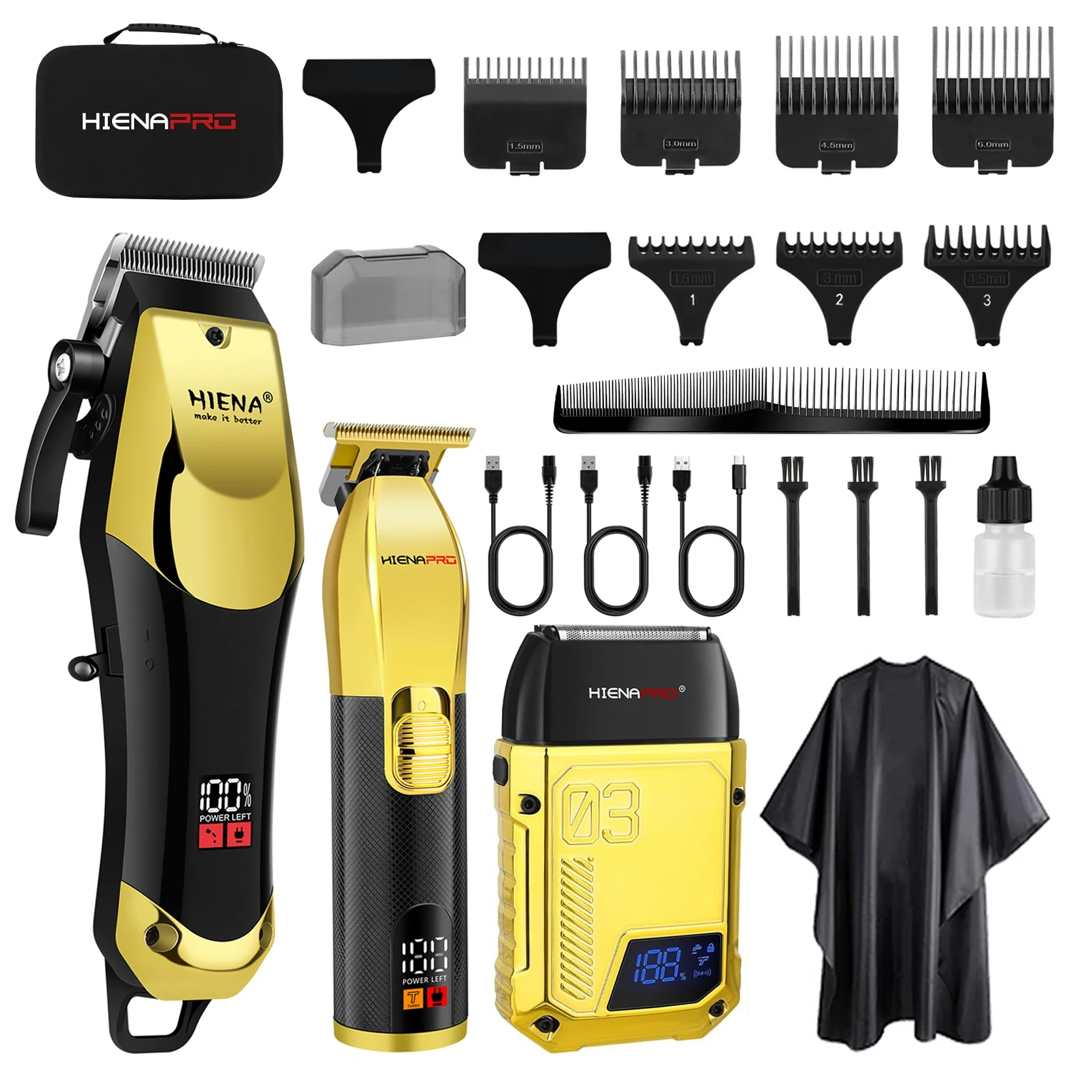 

HIENA 3-in-1 Men's Hair Clipper Kit, Cordless LED Trimmer & Shaver, USB Rechargeable Barber Hair Cutting & Grooming Set