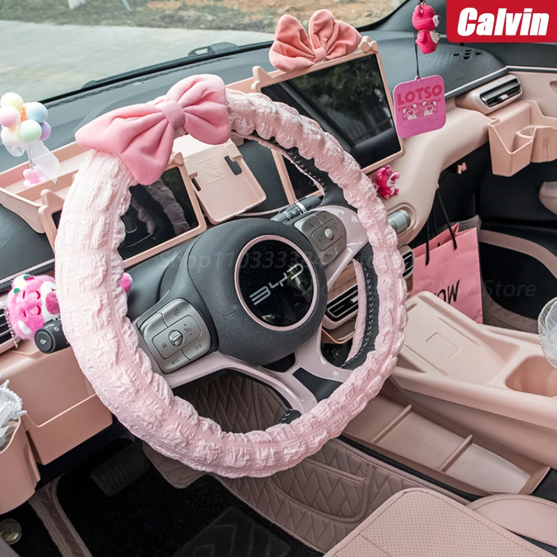 Car Steering Wheel Cover New WInter Warm Soft Plush Cartoon Car bowknot Interior Accessories 38cm Handble Cover