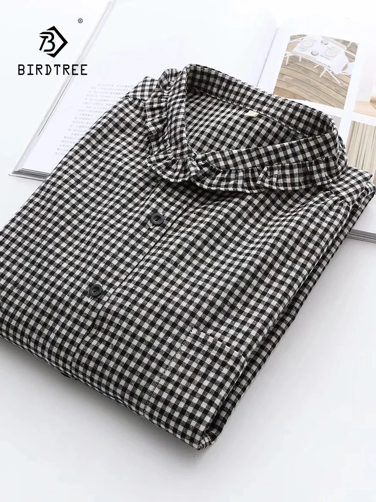 New Spring Cotton Plaid Shirt Women Long Sleeve Versatile Fashion Tops Girl Casual Commute Basic Blouses 2024 Autumn T44388QC