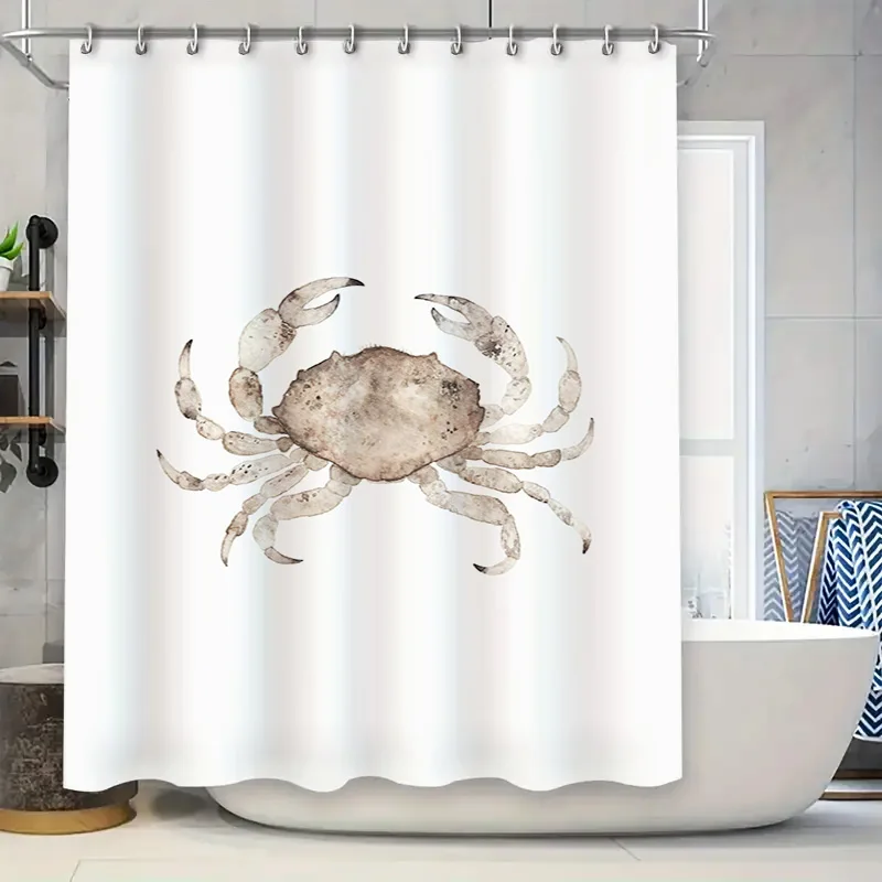 

Watercolor Crab Printed Shower Curtain Waterproof Fabric Bath Decor Home Decoration for Bathroom White with Crayon Effect