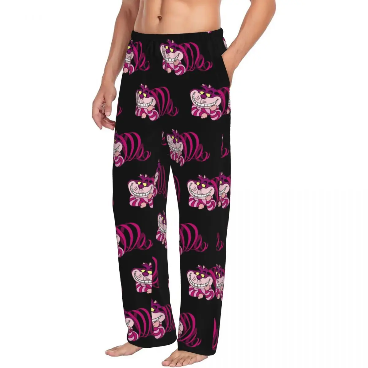 Custom Cheshire Cat Pajama Pants Men Alice In Wonderland Cartoon Lounge Sleep Stretch Sleepwear Bottoms with Pockets