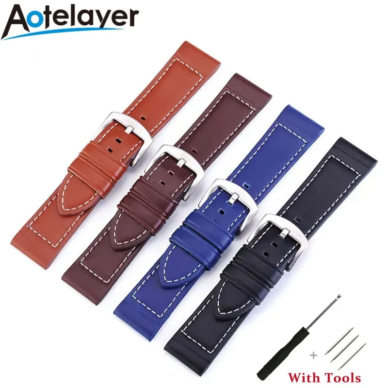 18 20 22 24mm High Quality  Leather Watch Straps Soft Waterproof Watchband Bracelet Pin Buckle Watch Accessories+Tool