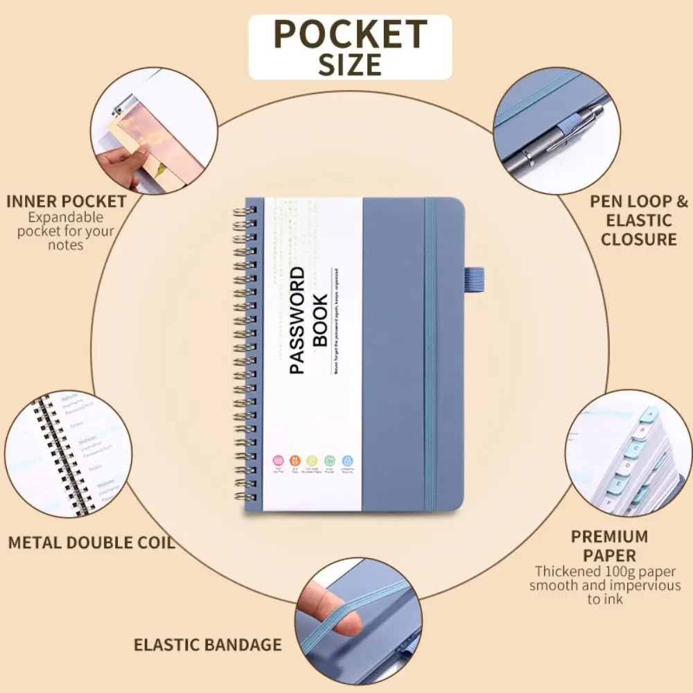 Con linguette alfabetiche Pocket Password Keeper Book formato A6/B6 Coil Book Password Keeper Notebook Strap Portable