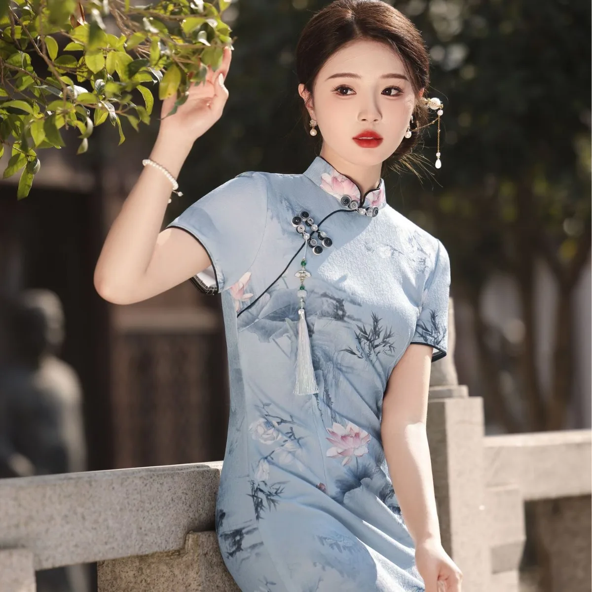 

Новое женское весенне-летнее повседневное фото, улучшенное длинное Cheongsam для молодых девушек