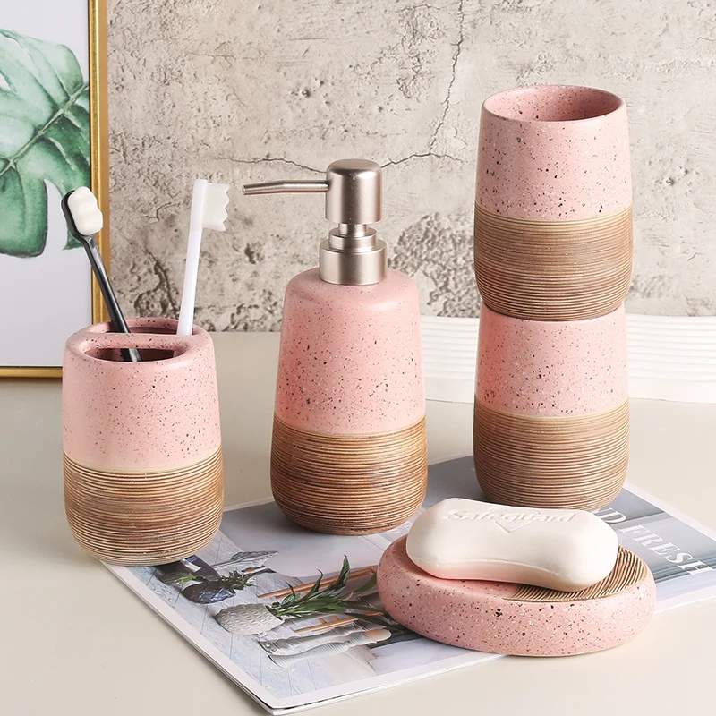 Pink ceramic toothbrush holder, mouth cup tooth cup soap dish dispenser lotion bottle bathroom accessories soap dispenser