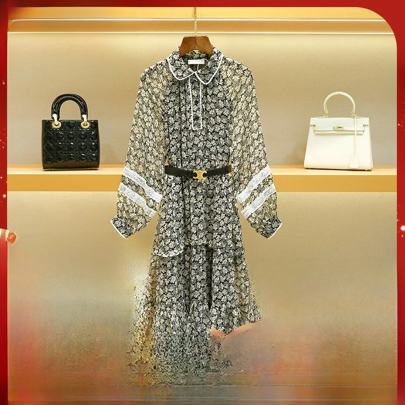 

Spring 2023 Women's Vintage Daisy Floral Print Dr Pure Desire Faion High Waist A-Line Skirt Long Sve Long Dr