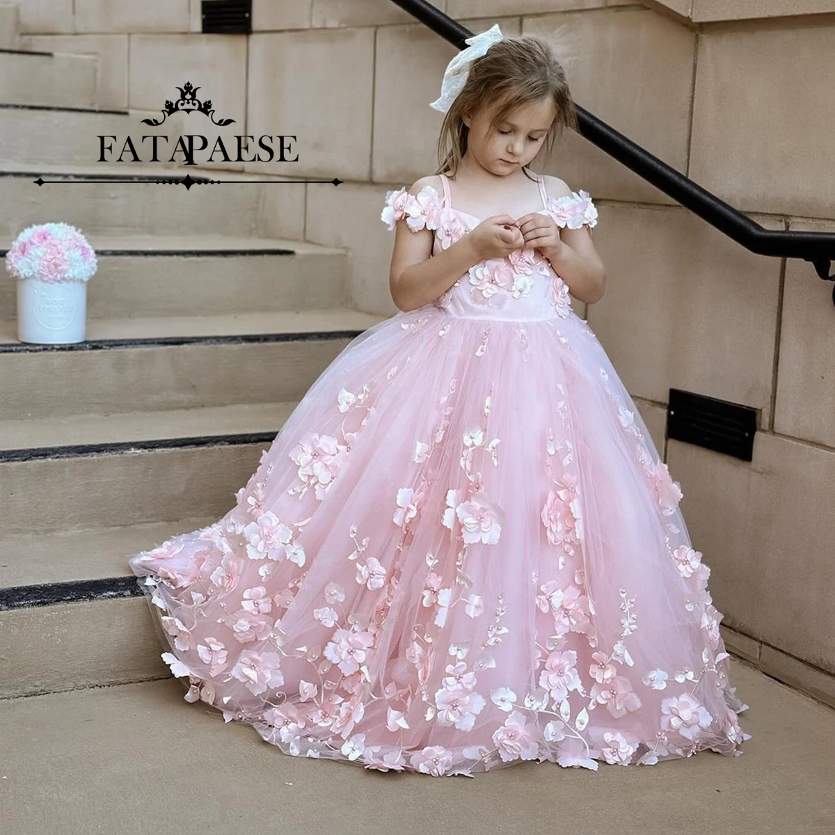 FATAPAESE Customized Princess Girl Dress A-line Skirt with Three Dimensional Petals Gown Embroidered Vines Wedding Dresses