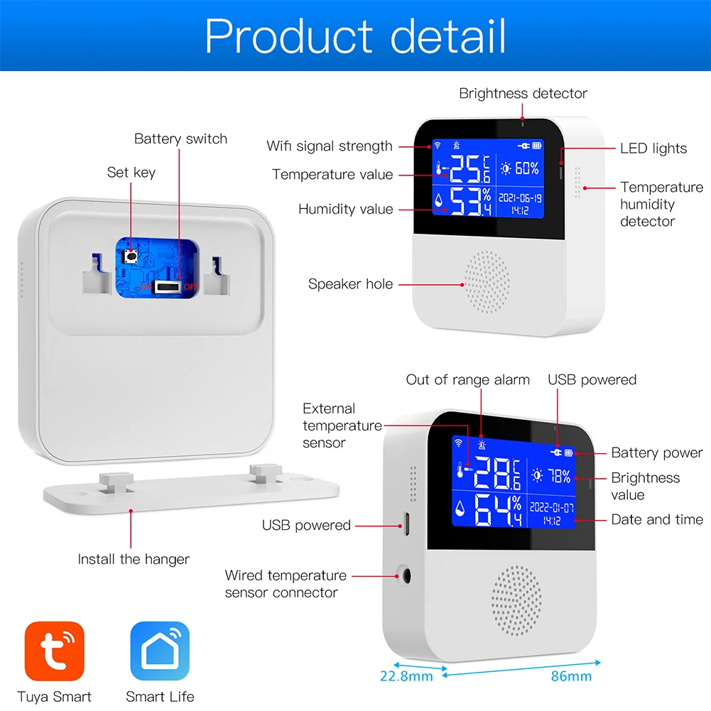 Sensor de temperatura wi-fi com tela de exibição de sonda externa, monitor remoto inteligente, termômetro interno, higrômetro, display lcd