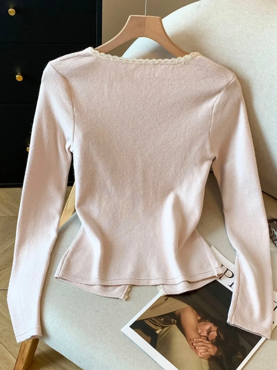 الرغبة النقية الدانتيل V-Ne طويلة Sve محبوك سترة مفتوحة المرأة ort Sle الخريف جديد الحفاظ على الذات زر الديكور