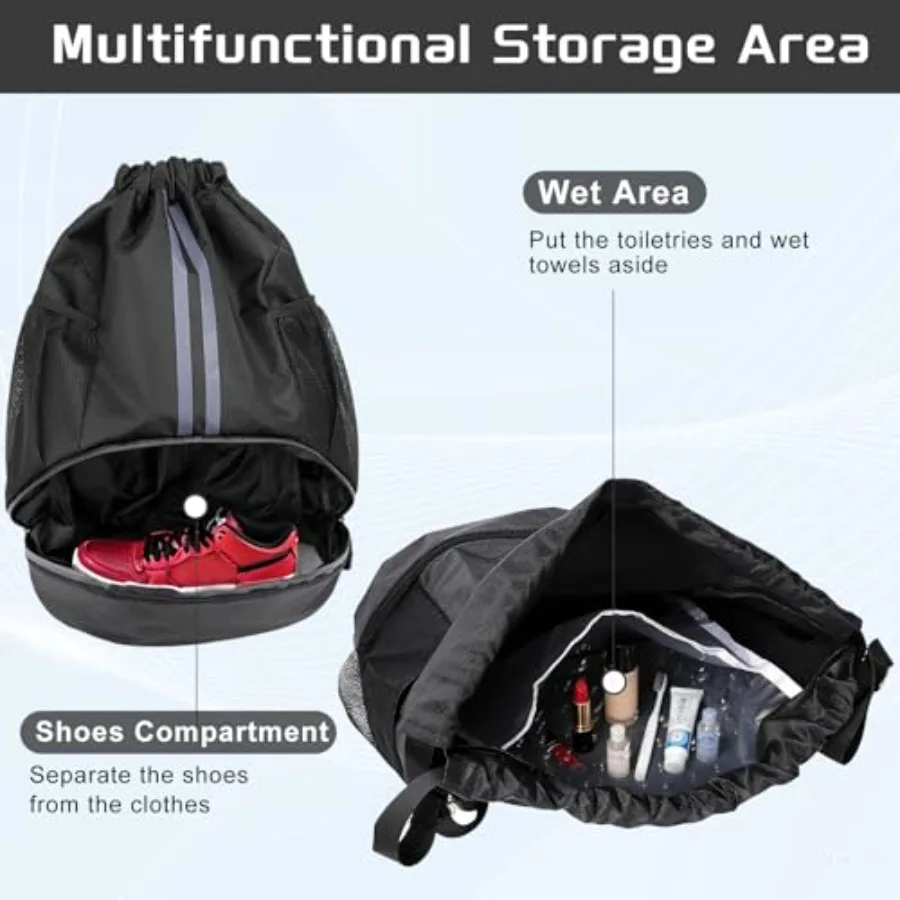 Sports Drawstring Backpack with Shoes Compartment, String Gym Bag with Wet Proof Pocket for Basketball, Soccer, Swim, Sport Bag view 3