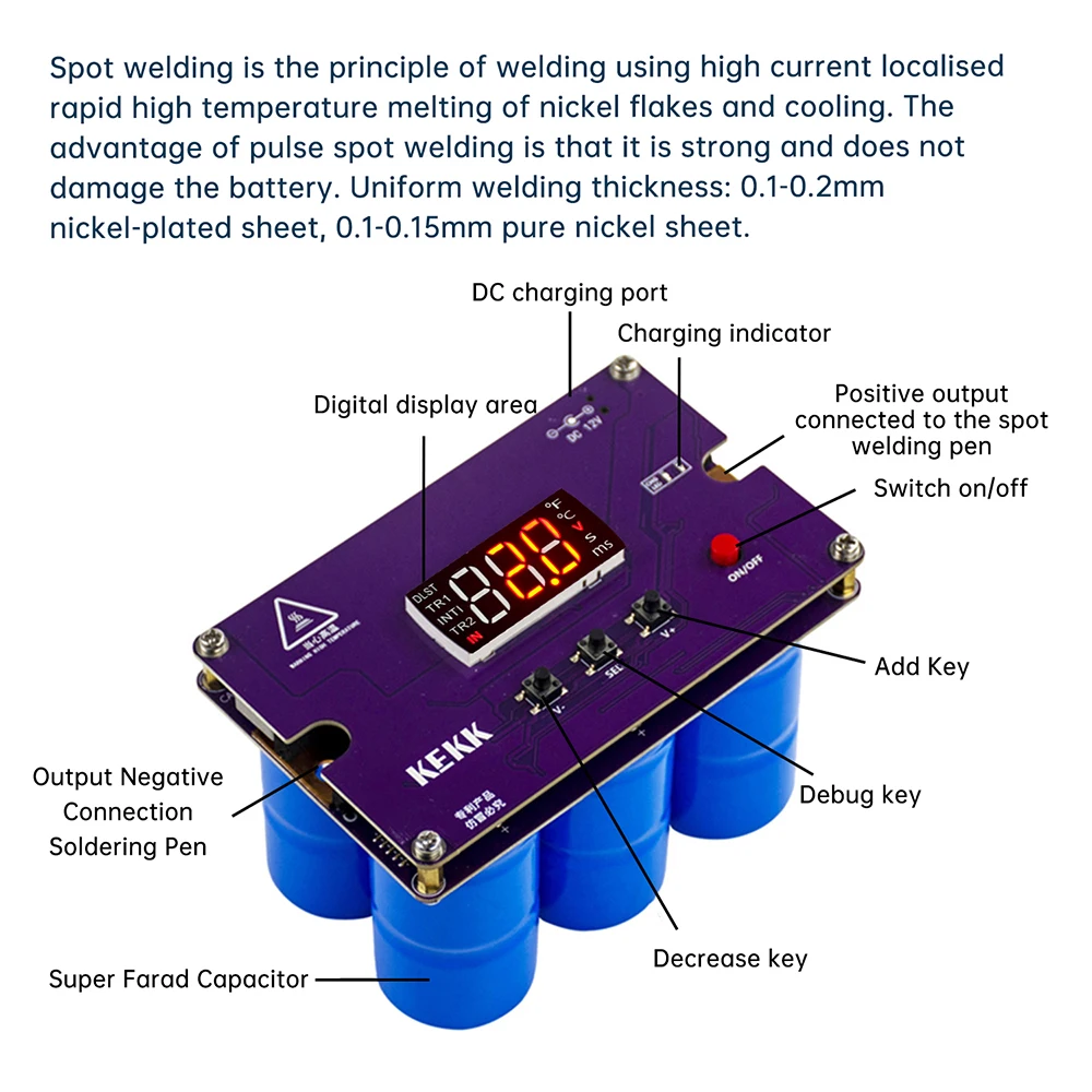 DC 12V K19 Tukang Las Titik Pulsa Ganda 60 Kecepatan Dapat Disesuaikan 18650/21700 Baterai Lithium Peralatan Las Bumper Tukang Las dengan Layar