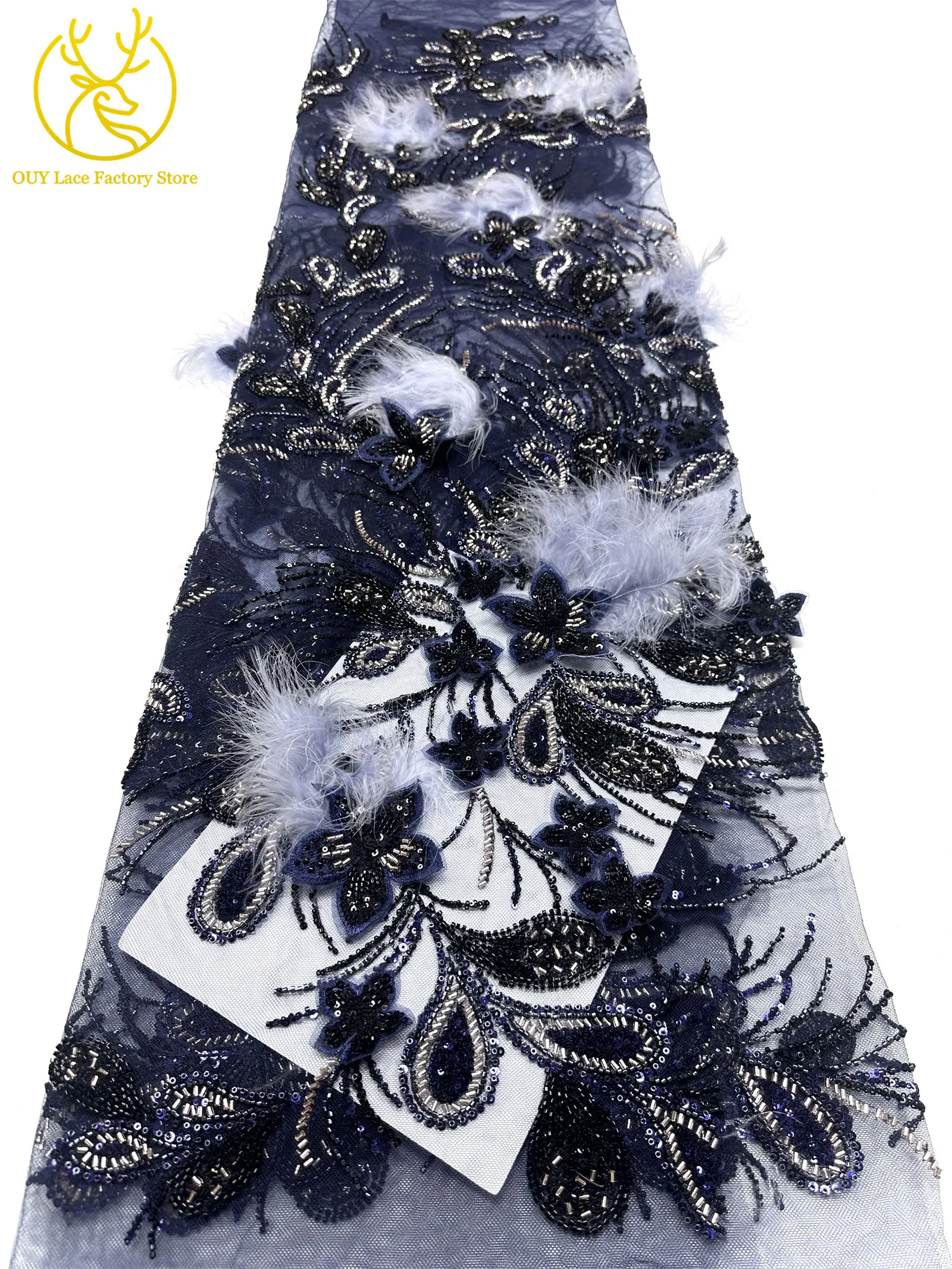 Neues Design Afrikanischer Spitzenstoff mit Pailletten, Perlen, Mesh-Spitze, luxuriöse 3D-Feder-Stickerei, Tüll-Spitzenstoff zum Nähen von Brautkleidern – Detail 15